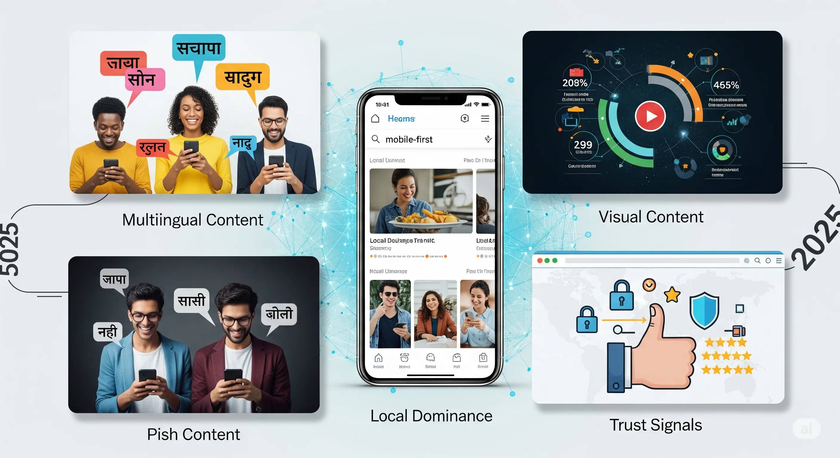 Illustration of SEO trends in India with mobile devices and diverse languages