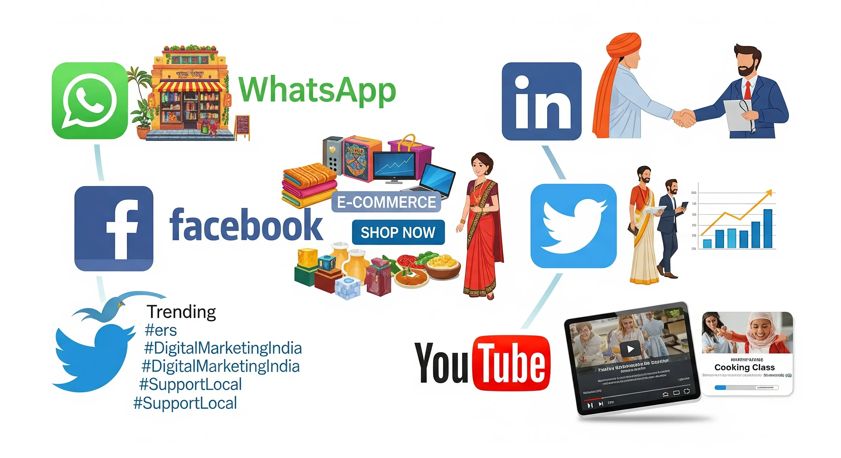 Illustration of diverse social media platforms and Indian users
