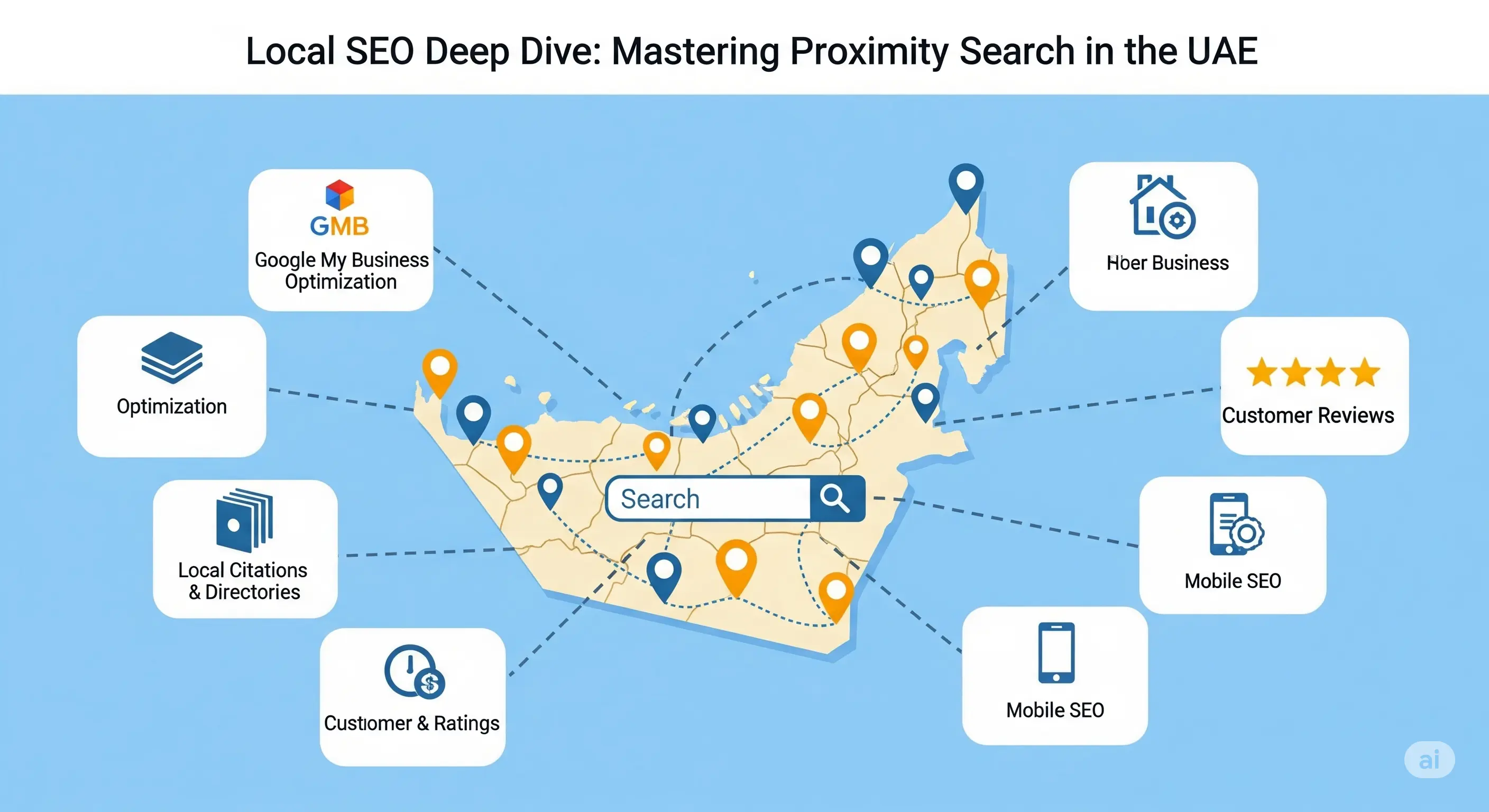 Map with location pins and magnifying glass, symbolizing local search optimization in UAE.