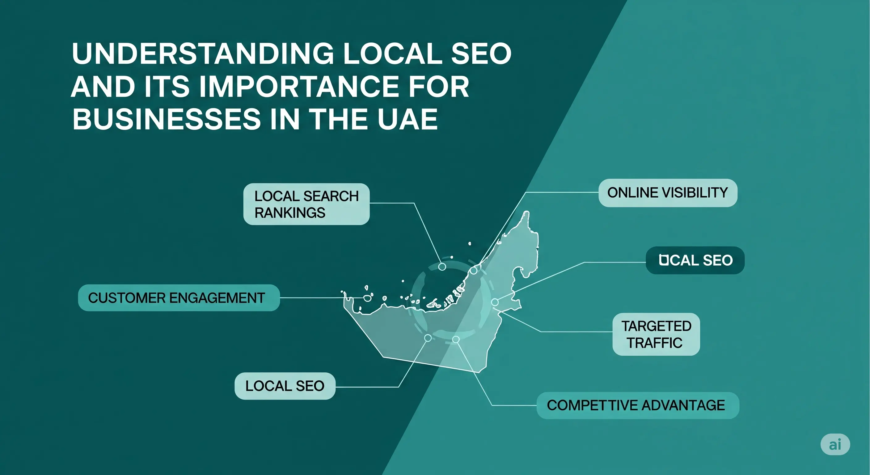 Map with location pins and magnifying glass, symbolizing local search optimization in UAE.
