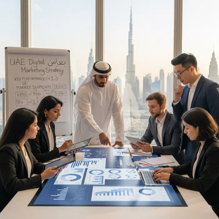 Team collaborating on a digital marketing strategy, symbolizing expertise.