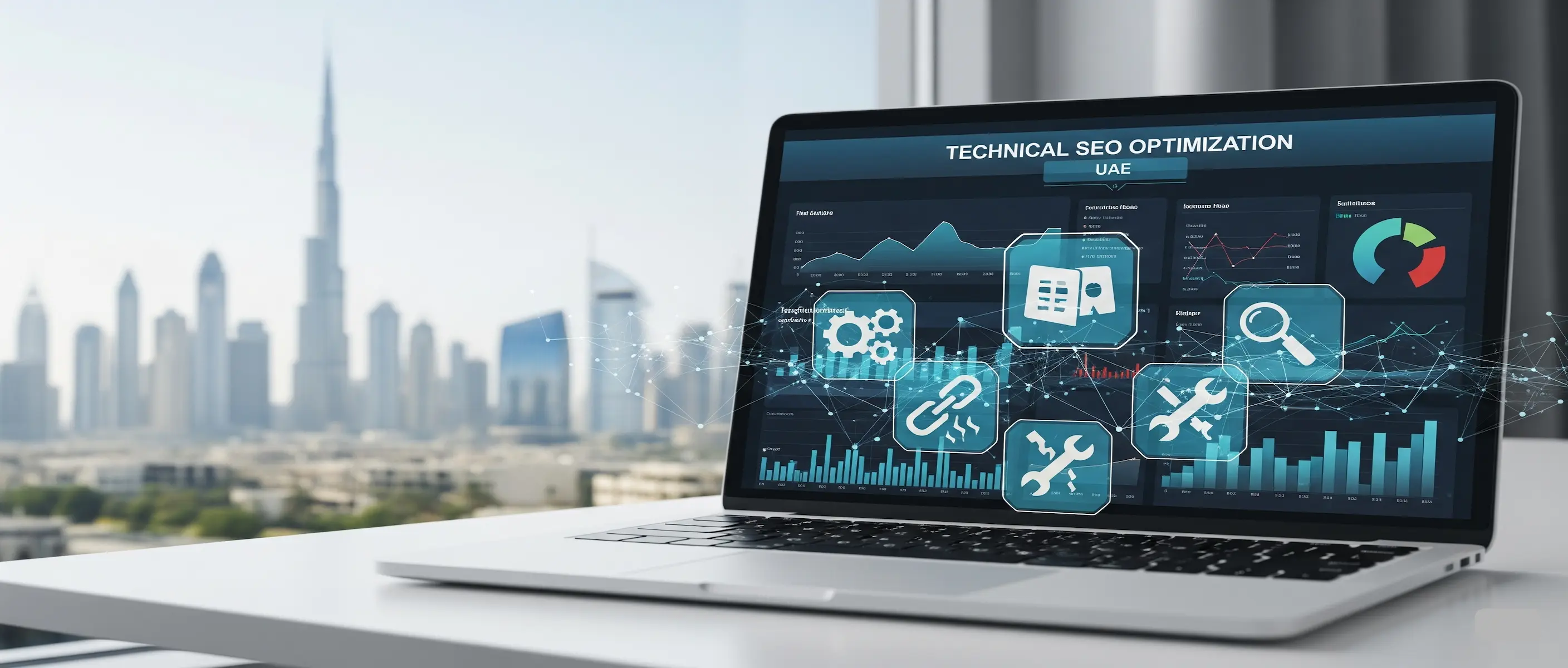 Abstract illustration of website backend code and performance metrics, symbolizing technical SEO optimization in UAE.